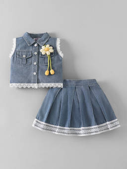 Hopscotch - Floral Applique Denim Jacket And Skirt