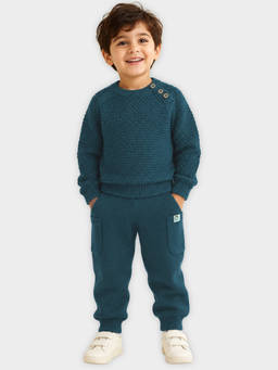 Mi Arcus - Full Sleeves Solid/Plain Sweater With Joggers- Teal