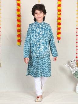 Little Clothings - Teal Floral Print Cotton Kurta With Churidar With Nehru Jacket