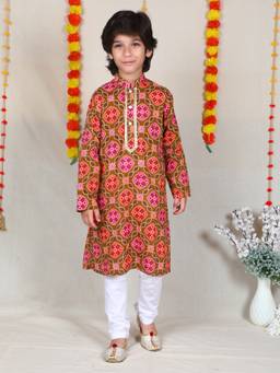 Little Clothings - Mustard Bandhani Print Cotton Kurta With Churidar