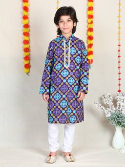 Little Clothings - Purple Bandhani Print Cotton Kurta With Churidar