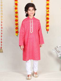 Little Clothings - Boys Coral Pink Cotton Kurta With Churidar
