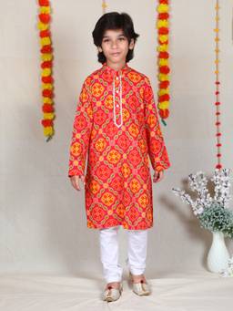 Little Clothings - Red Bandhani Print Cotton Kurta With Churidar