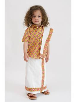 TIBER TABER - Block Print Border Mundu White