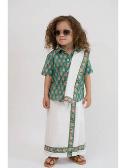TIBER TABER - Block Print Border Mundu White