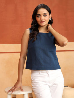 Fabindia - Blue Cotton Linen Short Top