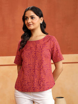 Fabindia - Women Orange-Pink Cotton Linen Top