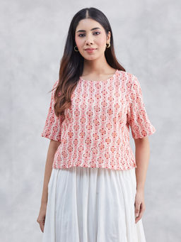 Fabindia - Women Orange Cotton Floral Short Top