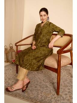 Rangriti - Women Green Viscose Blend A-Line Printed Kurta
