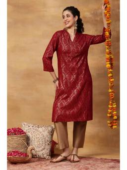 Rangriti - Women Red Viscose Rayon Straight Printed Kurta