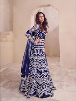 INDDUS - Women Navy Blue Floral Thread Embroidered Anarkali Kurta with Dupatta
