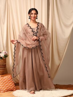 INDDUS - Women Beige Floral Black Thread Embroidered Long Kurta with Dupatta