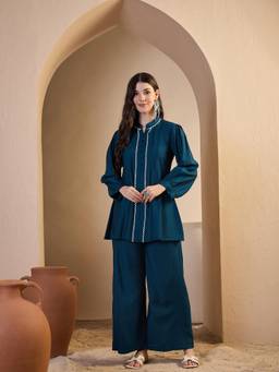 INDDUS - Women Teal Solid Gotta Detailed Kurti