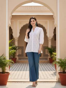 INDDUS - Women White Chikankari Embroidered Kurta