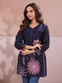 INDDUS - Women Purple Floral Printed Short Kurti
