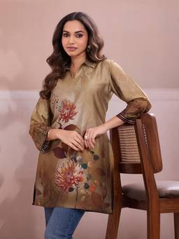 INDDUS - Women Brown Floral Printed Straight Kurti