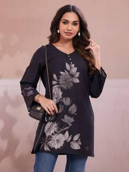 INDDUS - Women Black Floral Printed Straight Kurti