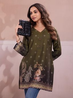 INDDUS - Women Olive Floral Printed Straight Kurti