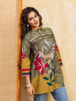 INDDUS - Women Olive Floral Printed Gotta Detailed A-Line Kurti