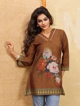INDDUS - Women Brown Floral Printed A-Line Kurti