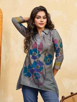 INDDUS - Women Grey Floral Printed A-Line Kurti