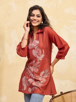 INDDUS - Women Rust Floral Printed A-Line Kurta