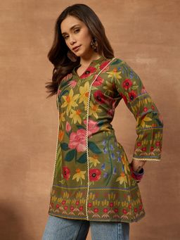 INDDUS - Women Olive Floral Printed Gota Detailed A-Line Kurta