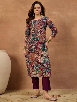 INDDUS - Women Wine Floral Printed and Hand Embroidered Kurta