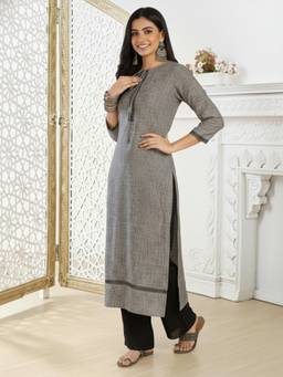 INDDUS - Women Grey Thread Embroidered Yoke Design Straight Kurta