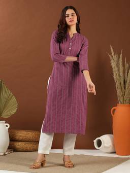 INDDUS - Women Pink Woven Design Button Detailed Kurta