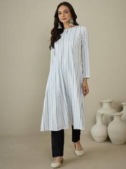INDDUS - Women White Striped A-Line Kurta