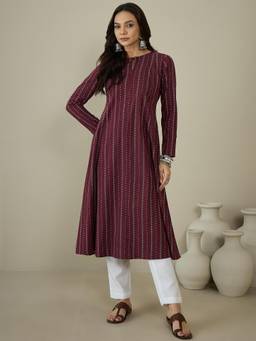 INDDUS - Women Maroon Striped A-Line Kurta
