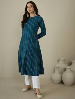 INDDUS - Women Teal Striped A-Line Kurta