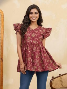 INDDUS - Women Red Floral Printed A-Line Pleated Kurti