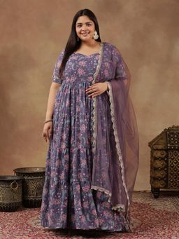INDDUS - Women Purple Floral Printed and Zari Work Tiered Kurta with Dupatta
