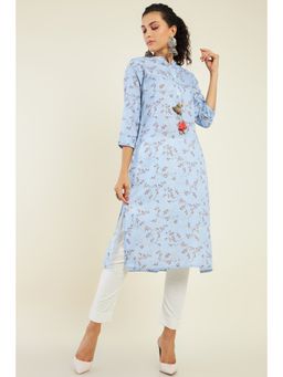 Soch - Women Blue Linen Printed Kurta