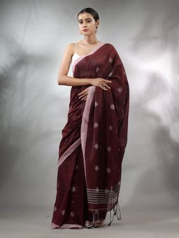 CHARUKRITI - Maroon Cotton Handwoven Saree with Texture Pattern & Unstitched Blouse
