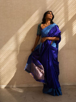 PRIYANKA RAAJIV - Kaiya Indigo Blue Silk Chanderi Saree with Unstitched Blouse