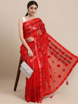 Vastranand - Red Striped Sequinned Floral Applique Saree with Unstitched Blouse