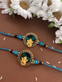 Digital Dress Room - Designer Rakhi Round Peacock Feather Lord Ganesha Beads Thread Rakhee (Pack of 2)
