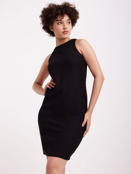 FableStreet - Halter Neck Rib Knit Dress - Black