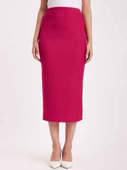 FableStreet - Rib Knit Midi Skirt - Pink
