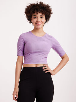 FableStreet - Round Neck Rib Knit Crop Tee - Lavender