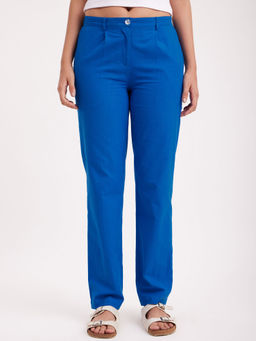 FableStreet - Linen Straight Fit Trousers - Royal Blue