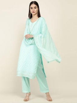 Soch - Teal Machine Embroidery Cotton Unstitched Dress Material ( Set of 3 )