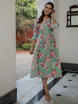 Janasya - Women's Green Cotton Floral Fit & Flare Dress