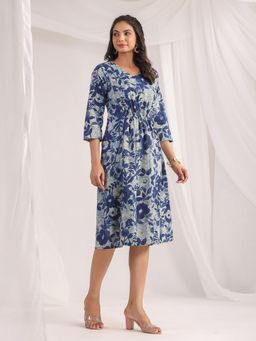 Janasya - Women's Indigo Cotton Floral Panelled Dress
