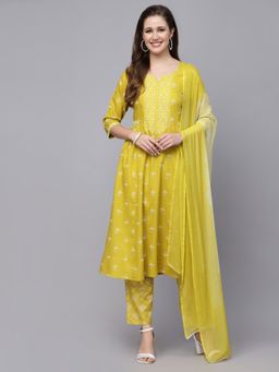 Stylum - Womens Floral Printed Rayon Kurta Pant Dupatta Mustard (Set of 3)