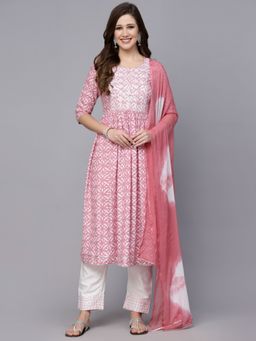 Stylum - Womens Printed Rayon Naira Cut Kurta Pant Dupatta Pink (Set of 3)