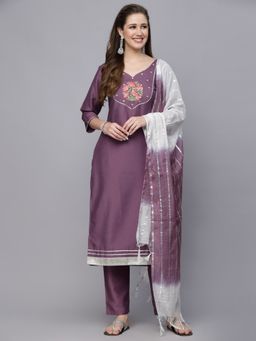 Stylum - Womens Embroidered Chinnon Straight Kurta Pant Dupatta Purple (Set of 3)